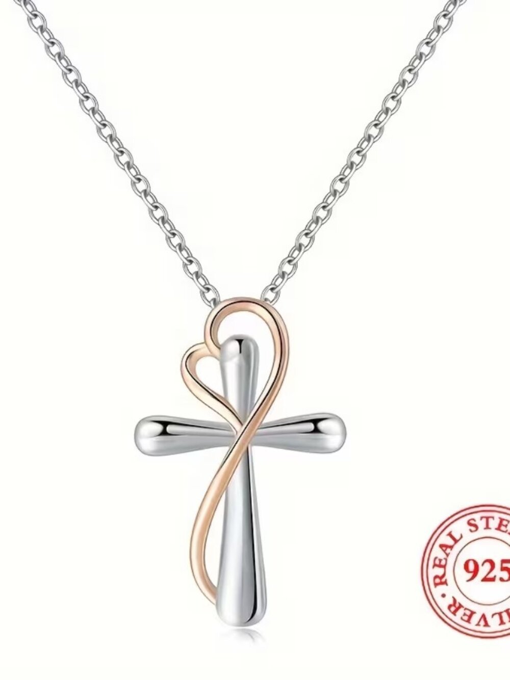 Silver & Rose Gold Heart Cross Pendant Necklace - New